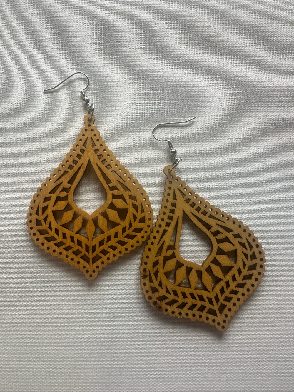 Tan Laser-Cut Wood Teardrop Earrings